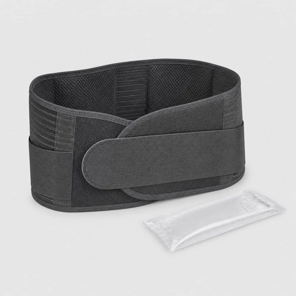 Ceinture chauffante réutilisable et sa poche de gel amovible posées à plat