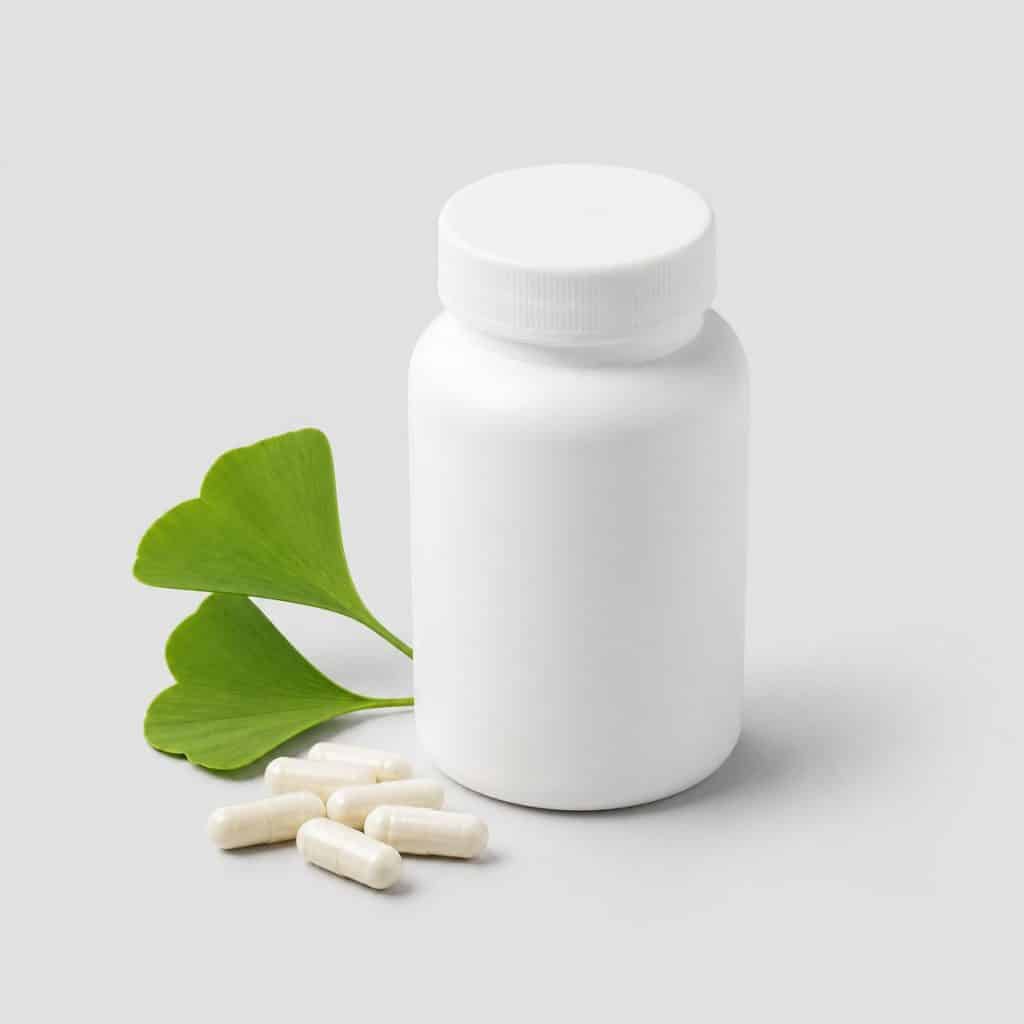 Pilulier de gélules de ginkgo biloba avec deux feuilles en éventail