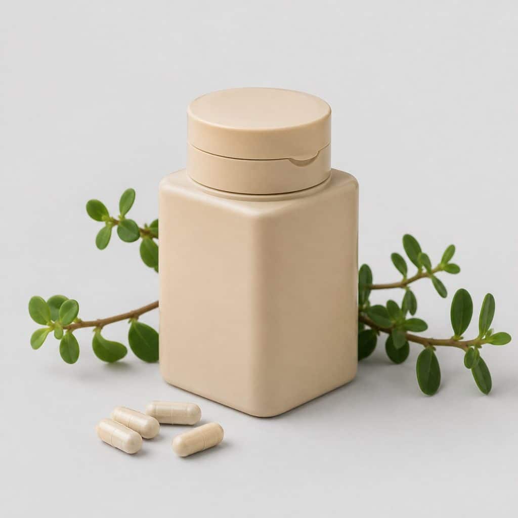 Pilulier de gélules de bacopa et vitamines B avec brins de plante verte
