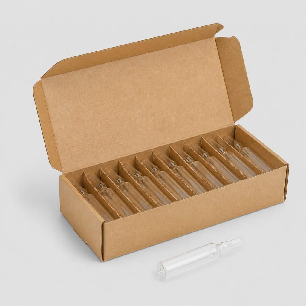 Boîte d'ampoules buvables en verre alignées dans leurs alvéoles