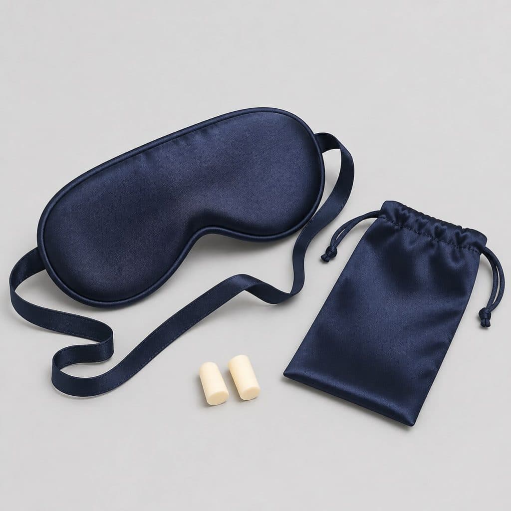 Masque de nuit en soie bleu nuit avec bouchons d'oreilles et pochette