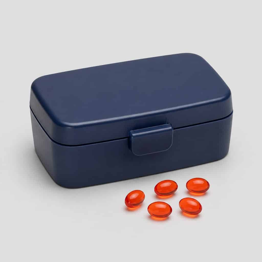 Pilulier de capsules d'oméga 3 d'huile de krill de couleur rouge orangé
