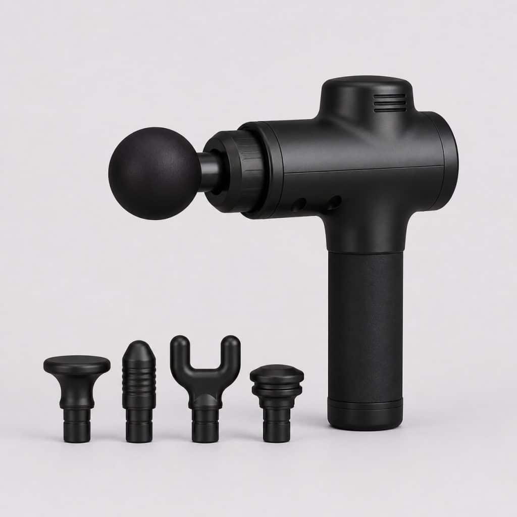 Pistolet de massage percussif noir et ses quatre embouts interchangeables